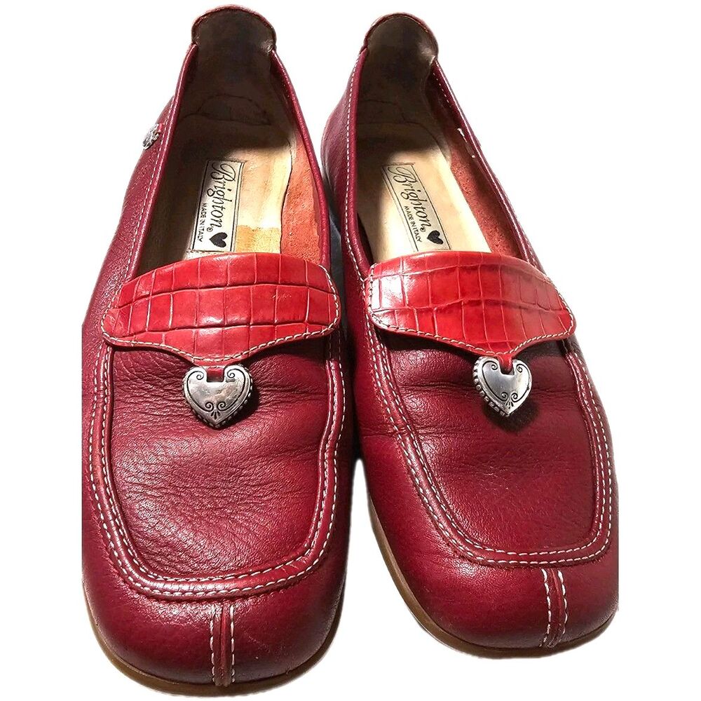 Brighton Red Leather Slip-On Loafer Flats Heart Accent Round Toe Women’s 7